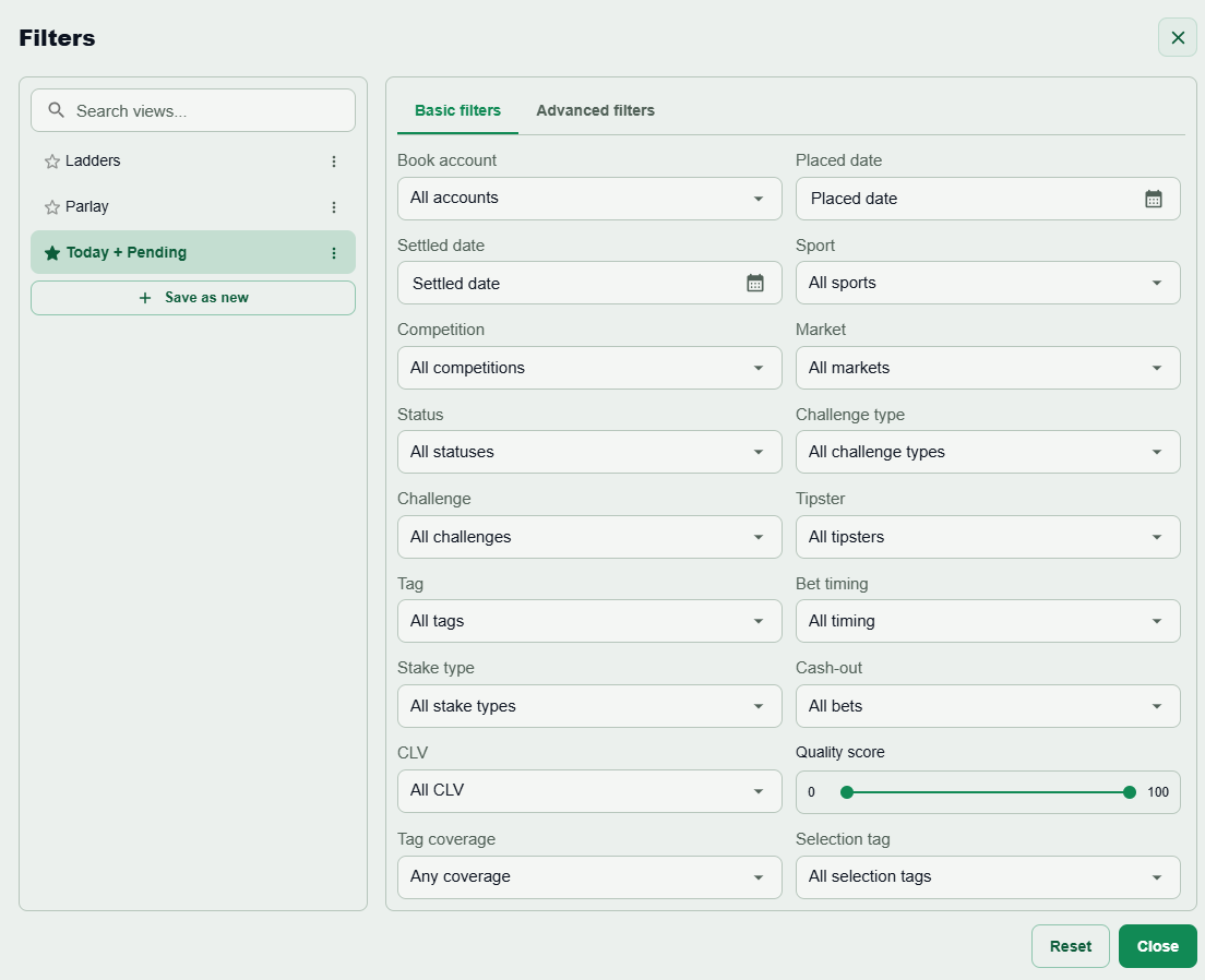 Betfolyo — Bet filters and saved views with account, date, sport, status, CLV and quality score controls