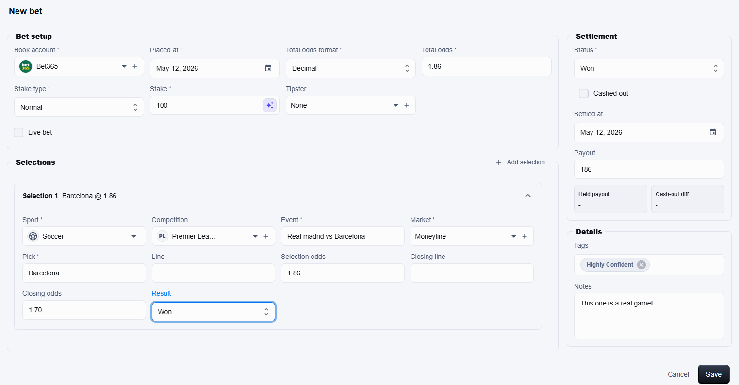 Betfolyo bet editor with book account, stake, odds, settlement, selections, market, tags, payout, and notes.
