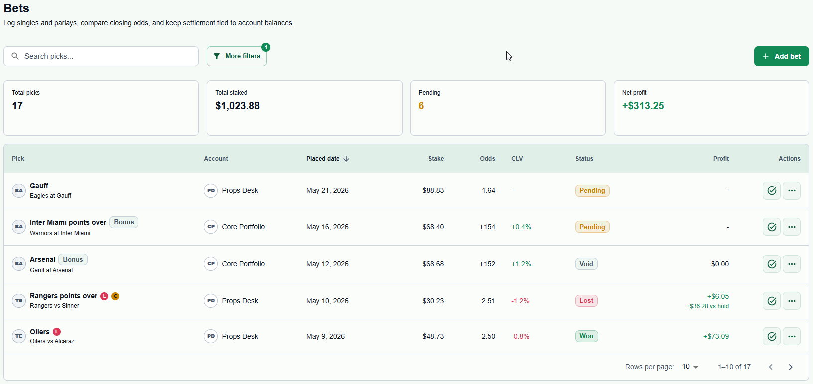 Betfolyo bets page with search, filters, bet totals, pending count, net profit, and recent bet rows.